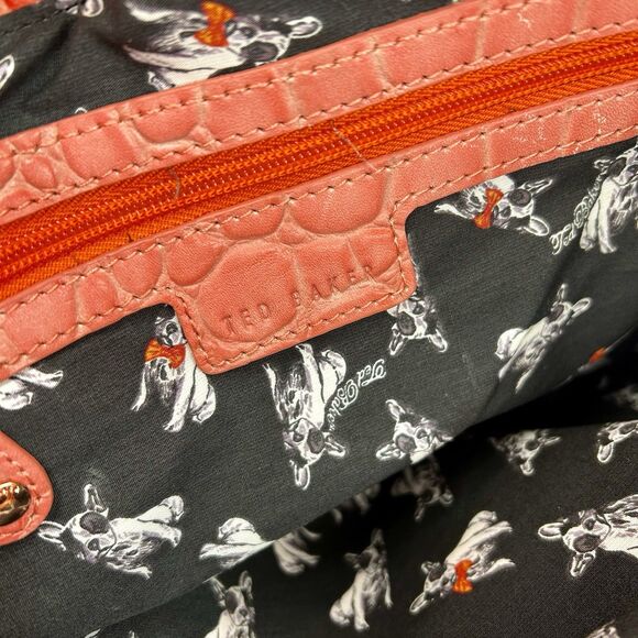 Ted Baker Crocodile Bag in Coral Pink, Adorable French Bull Dog Lining, Pockets - Picture 5 of 6